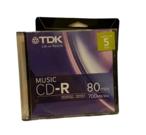 TDK 80-Min CD-R Discs (5-Pack) CDR80TWNML5TG Sealed NOS – Discontinued - Picture 1 of 6