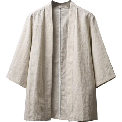 Men Loose Cotton Linen Kimono Open Front Casual Cardigan Jacket Yukata Coat Top - Image 1 of 4