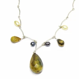 "Collana Maglia Argento Sterling - Briolette Occhio di Tigre, Perle Grigie e Avorio 16" - Foto 1 di 7