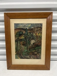 Paisaje acuarela enmarcado vintage firmado M. B— | Arte popular de mediados de siglo Ohio - Imagen 1 de 15