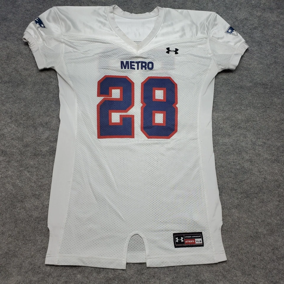 Under Armour Jersey Youth Size Large White/Blue/Red Metro Marouk #28 - Image 1 of 4