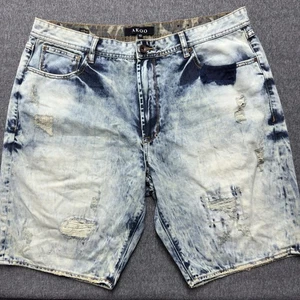 Akoo Denim Shorts Mens 42 Blue Distressed Patchwork Raw Hem Streetwear Jorts - Picture 1 of 13