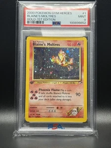 PSA 9 MINT Blaine's Moltres 1 Gym Heroes 1st Edition Holo Pokemon Karte - Bild 1 von 2