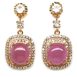 925 Silver Handmade 7 x 8 mm. Pink Ruby, Topaz & Cubic Zirconia Earrings - Picture 1 of 4