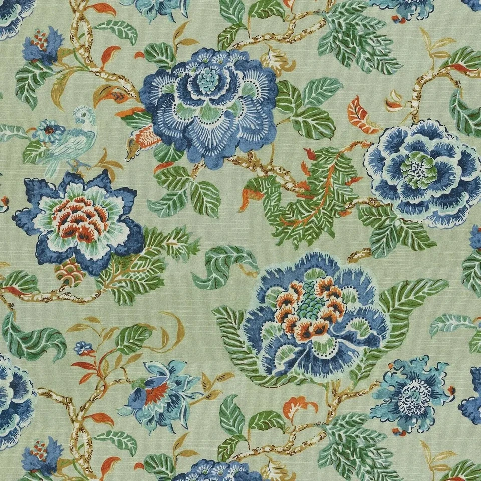 P Kaufmann SUMMER PALACE MATCHA Cotton Blue Green Floral Drapery Uph Fabric - Image 1 of 1