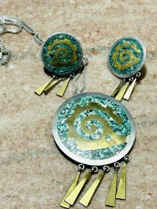 Vintage Mexiko Sterling Anhänger Halskette Ohrringe Set mit geschliffenem Türkis 43,13 g - Bild 1 von 24