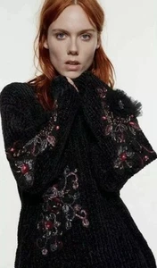 ZARA Black Chenille Embellished Sweater Floral Embroidered MSRP $119 Sz S *READ* - Picture 1 of 18