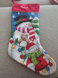Christmas Stocking Wool Needlepoint Snowman - Sarah - North Pole Trading - Picture 1 of 3