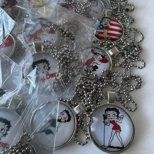 Lot of 20 Betty Boop Pendant Necklaces Glass Cabochon Assorted Designs 18” Chain - Picture 1 of 7