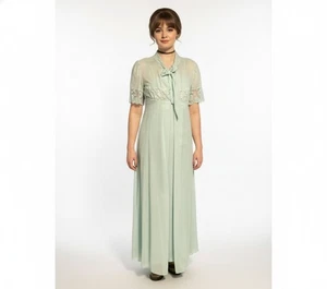 Vintage Peignoir Set Medium transparenter Morgenmantel & Nachthemd rosa Puleo meerschaumgrün neu mit Etikett - Bild 1 von 19