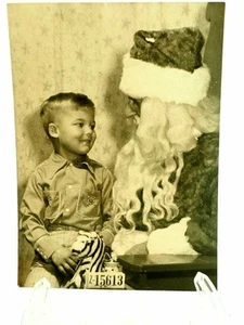 My Photo With Santa Claus Super Cute Little Boy B&W 5" x 7" circa 1950 - Picture 1 of 5
