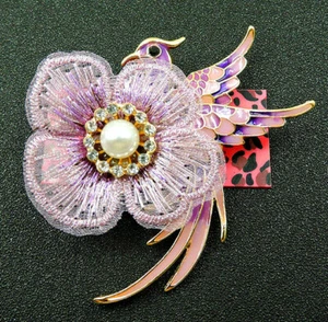 Elegant BIG Enamel BIRD Fabric FLOWER Rhinestone Pearl Necklace Pendant Brooch - Picture 1 of 6