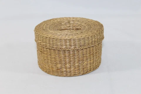 Vintage Cylinder Sweet Grass Woven Basket w/ Lid Trinket Box 2.5"t×4.25"d Cover