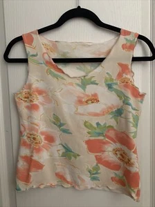 EUC VTG Woman’s Medium Peach Cream Green Floral Hawaiian Tank Top Stretch - Picture 1 of 6