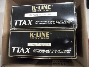 2 NIB K-Line TTAX Articulated Flat Cars w/Tractor & Trailers - O Gauge - Picture 1 of 9