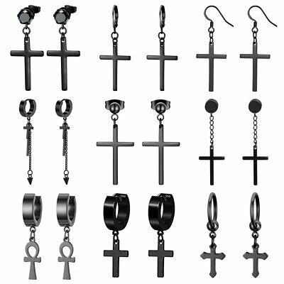 9 Pair Men Women Black Stainless Steel Cross Drop Dangle Studs Hoop Earrings Set - Image 1 of 4
