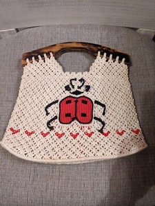 Vintage Handmade Crochet Purse With Ladybug And Wooden Handles - Picture 1 of 5