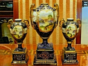 ANTIQUE JAPANESE 3 NIPPON HAND PAINTED COBALT BLUE w/HEAVY GOLD PORCELAIN URNS - Picture 1 of 10