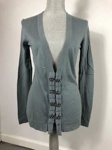 Cárdigan Ann Taylor Loft XS Plunge azul ahumado gris plisado con cuentas lazo metálico - Imagen 1 de 10
