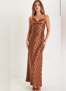 Lulu's NWT Bronze Satin Striped Backless Cowl Maxi Dress - Size Medium - Picture 1 of 3