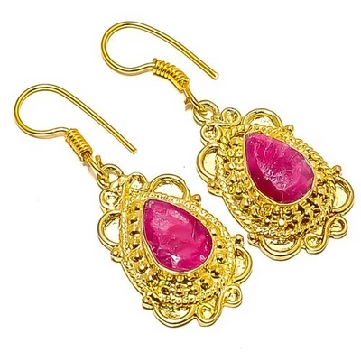 Pendiente antiguo enchapado en oro amarillo de 18k con piedras preciosas de rubí (simulado) 1,76" E7-422 Foto 1 de 3