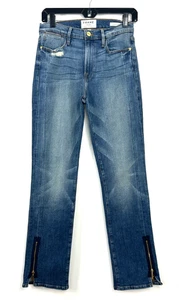 Frame Le High Straight Damen Gr. 27 Reißverschluss Saum High Rise Blue Denim Distressed N3 - Bild 1 von 12