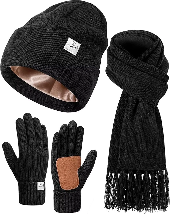 Time and Tru 3 Piece Soft Knit Set Black Hat Beanie Glove and Scarf