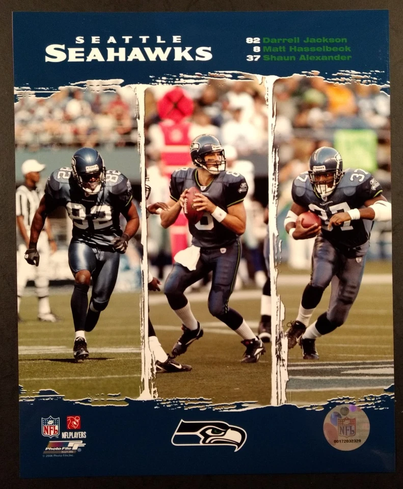 Foto 8x10 de los Seattle Seahawks Big Three 2006 Jackson Hasselbeck Alexander Foto 1 de 1