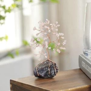 Kristall Geldbaum - Amethyst Basis, Glücksbonsai Baum aus Rosenquarz & Kupfer - Bild 1 von 8