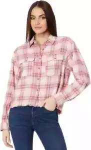 Lucky Brand Women's Raw Edge Cropped Plaid Shirt , Pink Blush Plaid, Small - Picture 1 of 3