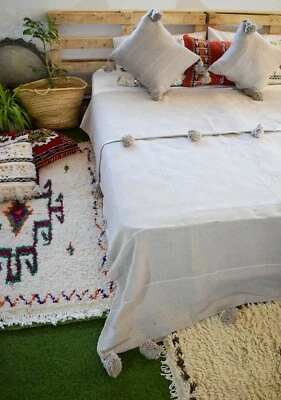 Moroccan handmade cotton blanket Pom Pom blanket bedspread Handwoven Bed Cover - Image 1 of 4