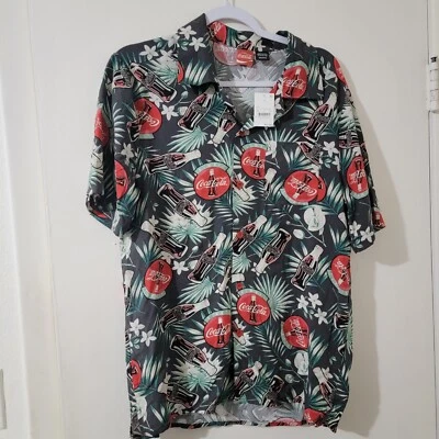 Black Coca Cola Hawaiian Aloha Floral Classic Bottle Button Shirt - Size S - Image 1 of 4