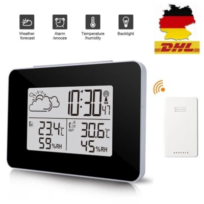 Digital Funkuhr Wetterstation Funkwecker Thermometer Hygrometer mit Außensensor - Bild 1 von 4