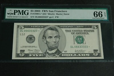  2003 $5 Fr. 1990-L* San Francisco (Star) FRN PMG 66 EPQ Gem Unc LOW PRINT ! - Image 1 of 2