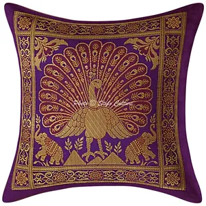 Dancing Peacock Indian Cushion Cover Purple Brocade Pillow Case Cover Throw - Picture 1 of 5