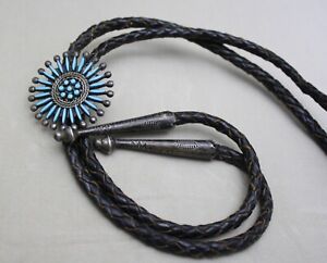 Vintage Zuni Native American Needle Point Turquoise Sterling Silver Bolo Tie