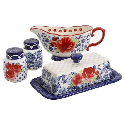 The Pioneer Woman Frontier Rose Butter Dish w/Lid,Gravy Boat and Salt&Pepper Set