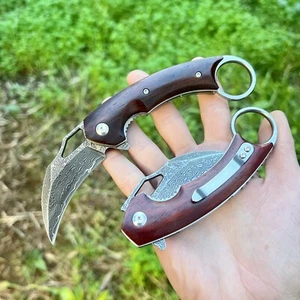Karambit Damascus Steel Folding Knife With Tactical Case Claw Ring Knife Edc - Picture 1 of 6