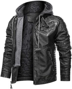 Men's Black Biker Leather Hoodie Genuine Sheepskin Removable Hood Leather Jacket - Picture 1 of 5