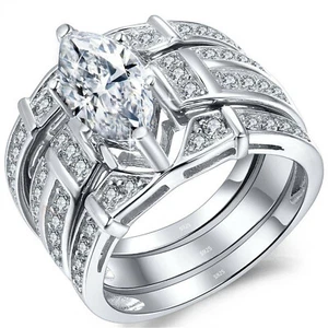 Juego de trío de anillos de compromiso de boda de plata de ley de corte marquesa para mujer talla 5-11 - Imagen 1 de 9