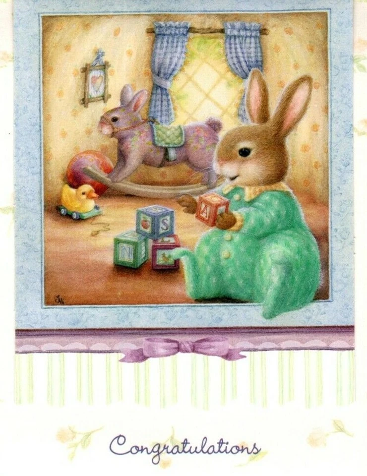Congratulations New Baby Girl Bunny Susan Wheeler Greeting Card  - Image 1 of 4