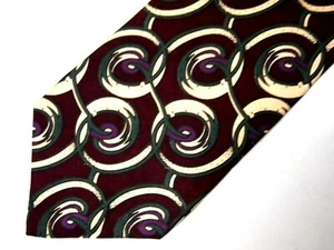 Vtg Brass Stirrup Mens Necktie Tie Burgundy Red Beige Green Spiral Geometric 58" - Picture 1 of 4