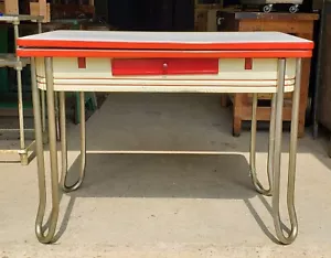 Mid Century Modern White & Red Porcelain Top Draw Table - Picture 1 of 14