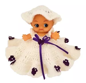 Vtg. 8" Kewpie ? Doll Hand Crochet Dress & Hat White with Purple - Picture 1 of 24