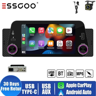 Single 1Din 5"Car Stereo Radio For Apple/Android CarPlay Touch Screen MIC&Camera - Image 1 of 4