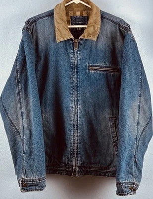 Casaco vintage tamanho G azul denim marrom veludo colarinho zíper completo bolsos celeiro - Imagem 1 de 4