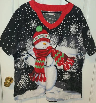 uScrubs Scrub Shirt Womens 2XL Snow Season V-Neck Snowman Christmas Pockets - Image 1 of 4