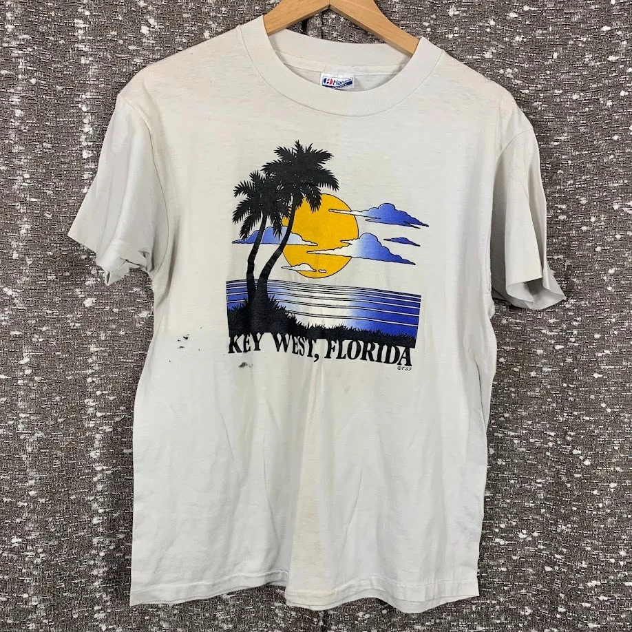 Camiseta Top De Colección Hanes Fifty Key West Florida Sunset Puntada Única Años 80 Blanca EE. UU. Foto 1 de 4