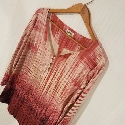 One World Womens V Neck Tunic Top Plus Size 3X Red 3/4 Sleeve Geometric  B-19 - Image 1 of 4