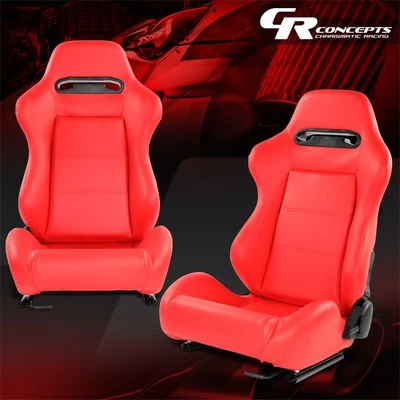 Universal Red Vinyl Leather Reclinable Racing Seats w/ Sliders Left & Right - Image 1 of 4